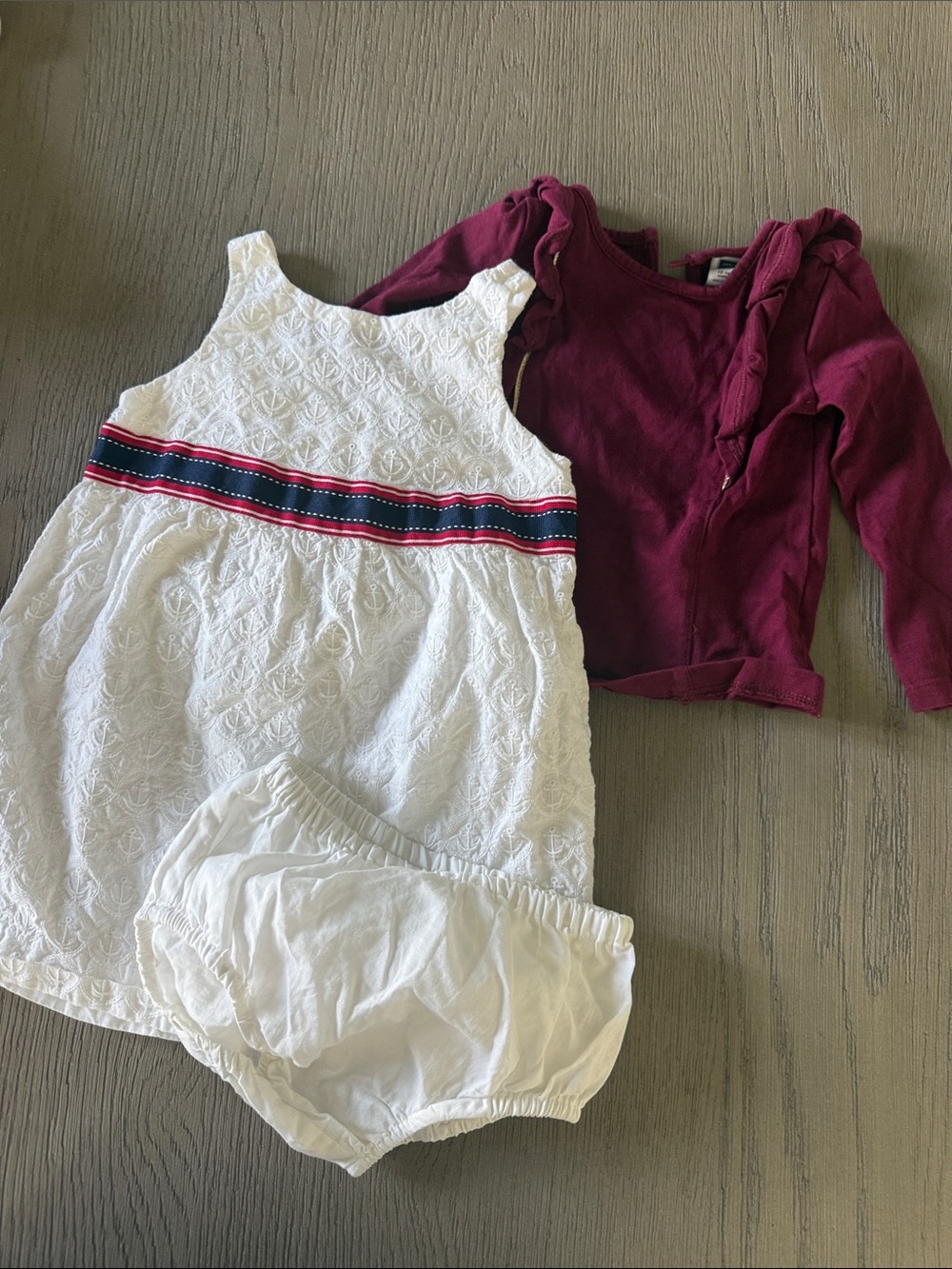 White Eyelet Dress with Burgundy shirt and Bloomer